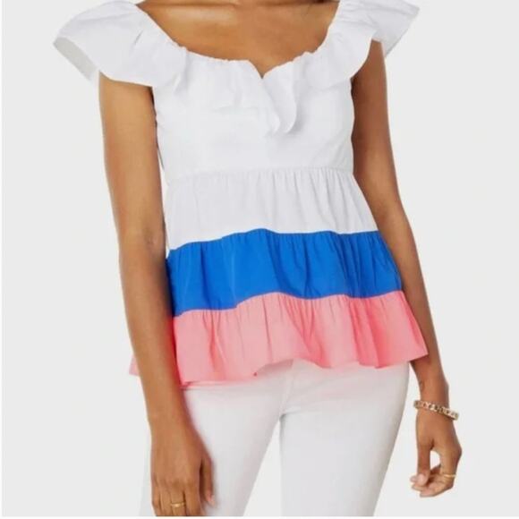 NWT Lilly Pulitzer Emie Ruffle Top Resort White Borealis Blue Lillys 16 - Picture 3 of 3
